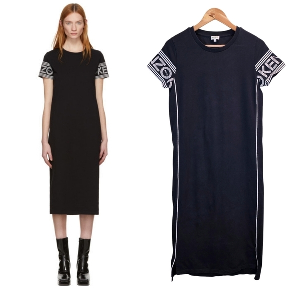 Kenzo Black Midi Sport T-Shirt Dress Small Cotton Jersey Short Sleeve Crewneck
